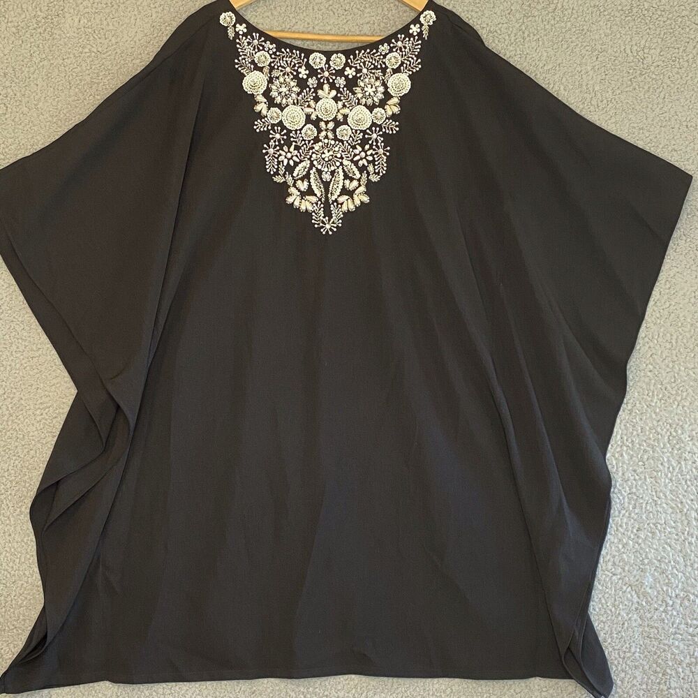 NWT Cruise Coastal Kimono Jewel Neck Black Short Kaftan Mini Dress Sz 14 no belt